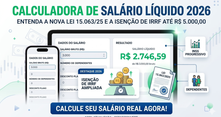 Calculadora de Salário Líquido 2026: Entenda a Nova Isenção do IRRF (Lei 15.063/25)